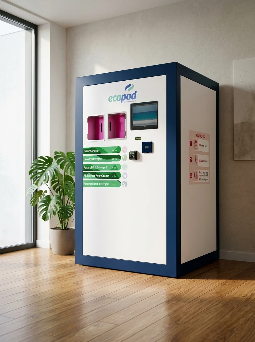 The Ecopod smart refill kiosk in a bright residential lobby