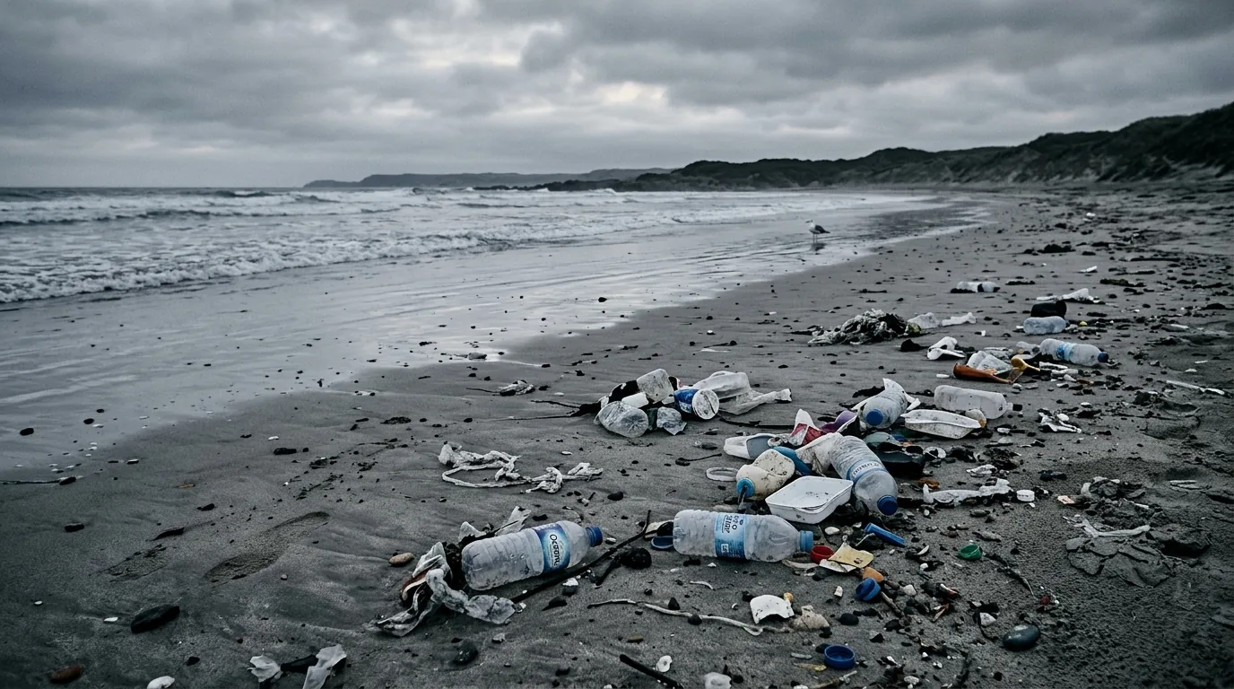 Single-use plastic bottles and containers washed up on a beach under an overcast sky