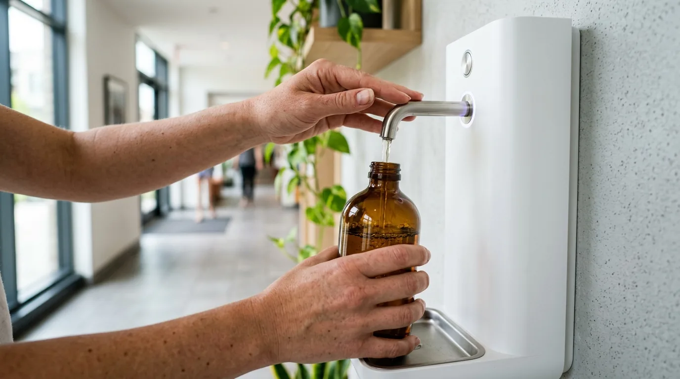 Hands refilling a reusable amber glass bottle at a modern refill dispenser
